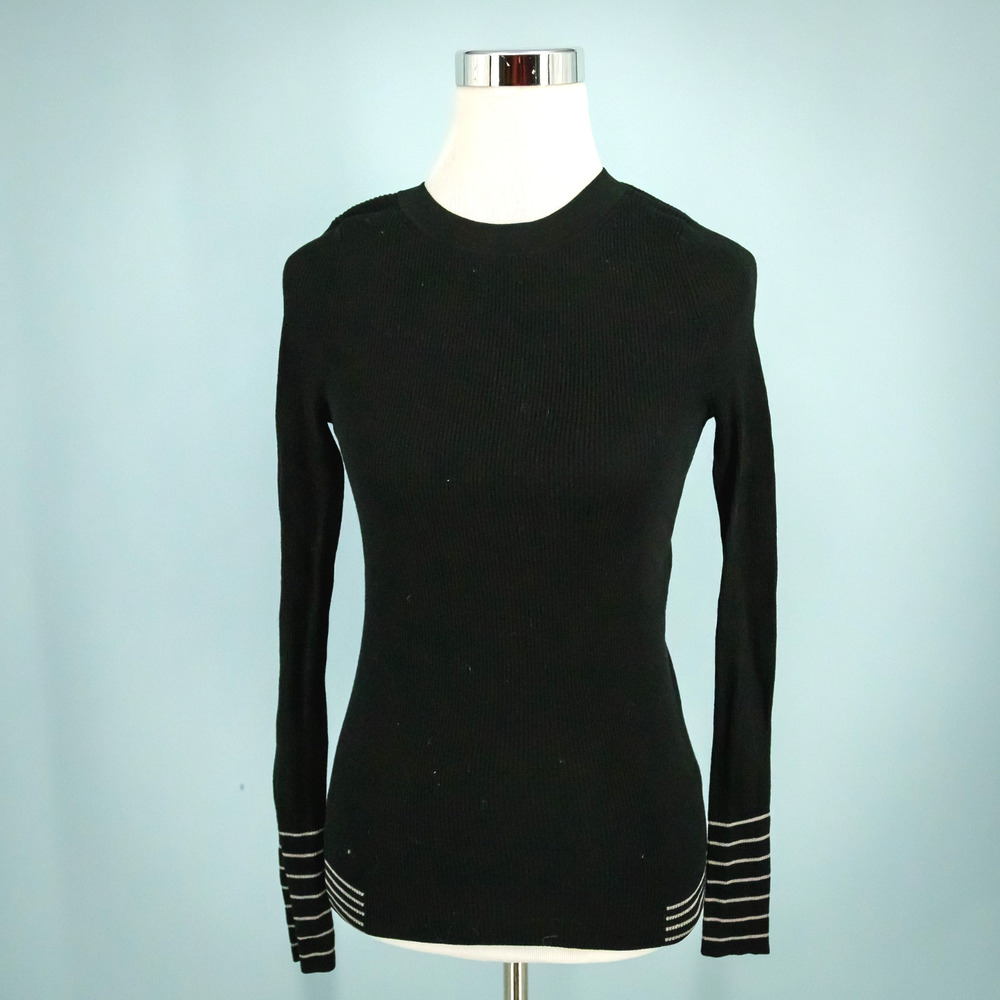 Athleta Size XS Black Stripe Cuff Hem Detail Crew Long Sleeve Wool Blend Top